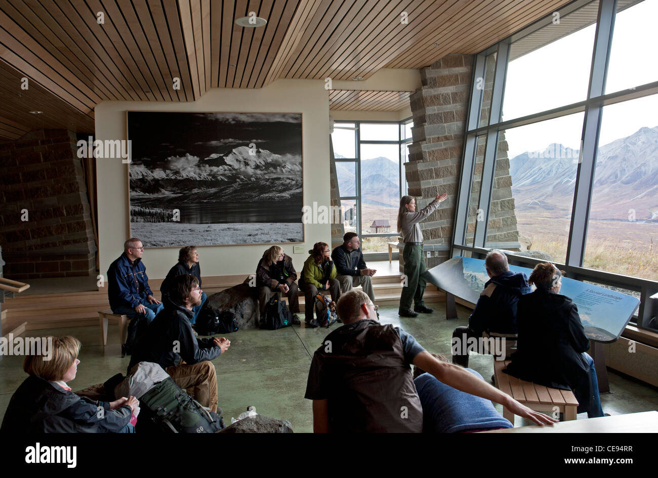 Tourists attending a Park ranger´s lecture. Eielson Visitor Center. Denali National Park. Alaska. USA Stock Photo