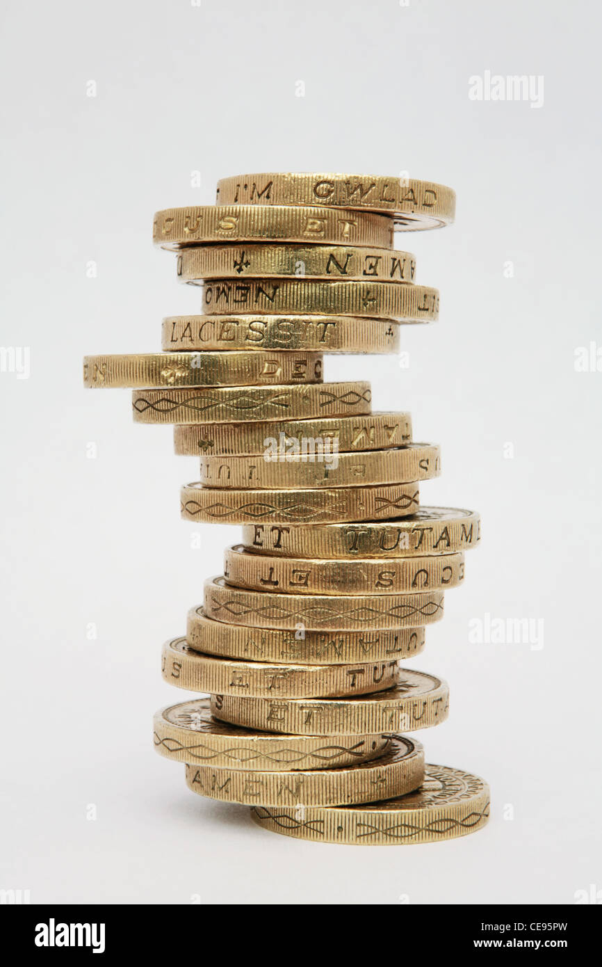 A stack of UK one pound coins. Stock Photo