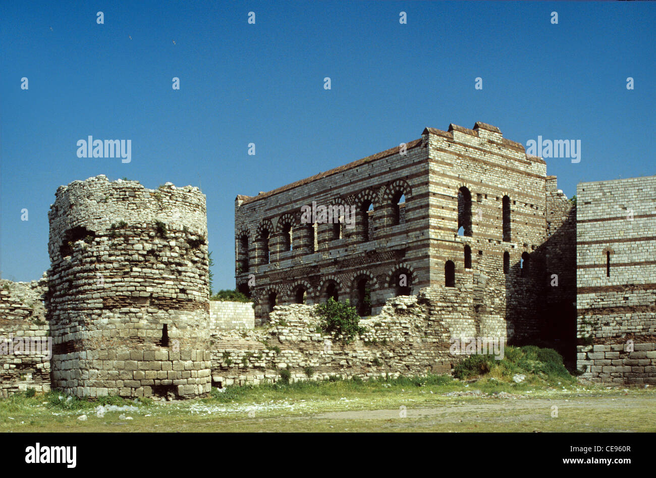 c13th Byzantine Palace of the Porphyrogenitus, or Tekfur Sarayi, and the Theodosian Land Walls of Constantinople, Istanbul Turkey Stock Photo