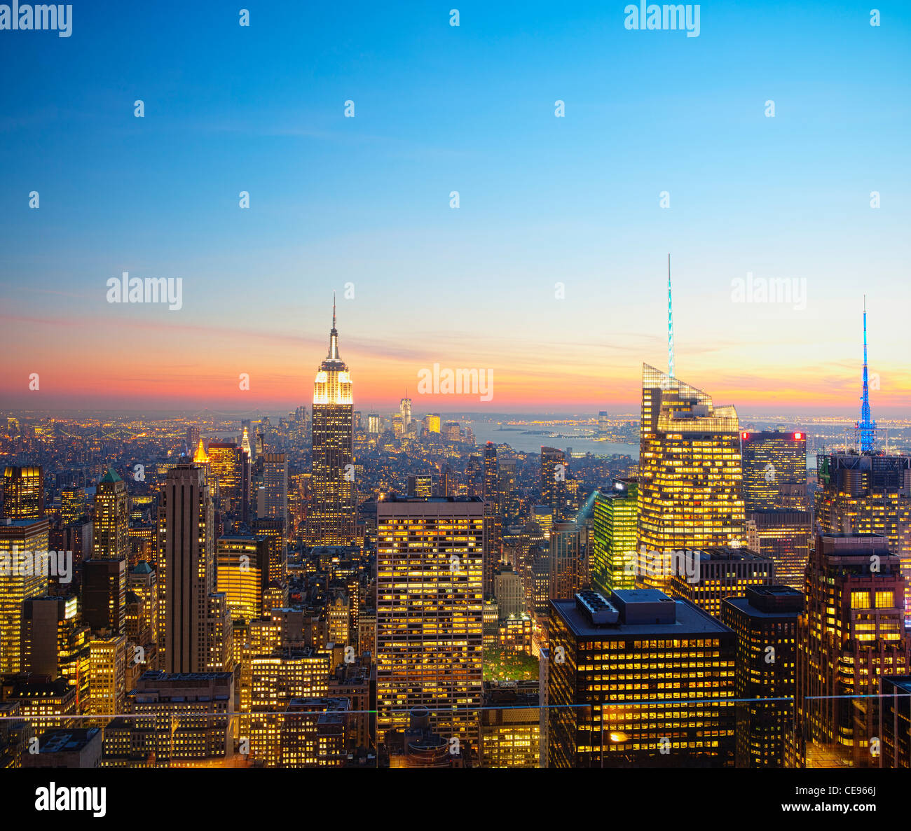 Empire State Building at Sunset from Top of the Rock Observatory Stock Photo