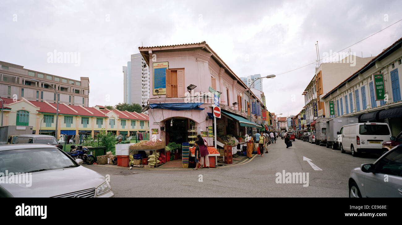 Street life Dunlop Street in in Little India in Singapore in Far East Southeast Asia. Scene Urban City Cities Panoramic Travel Stock Photo