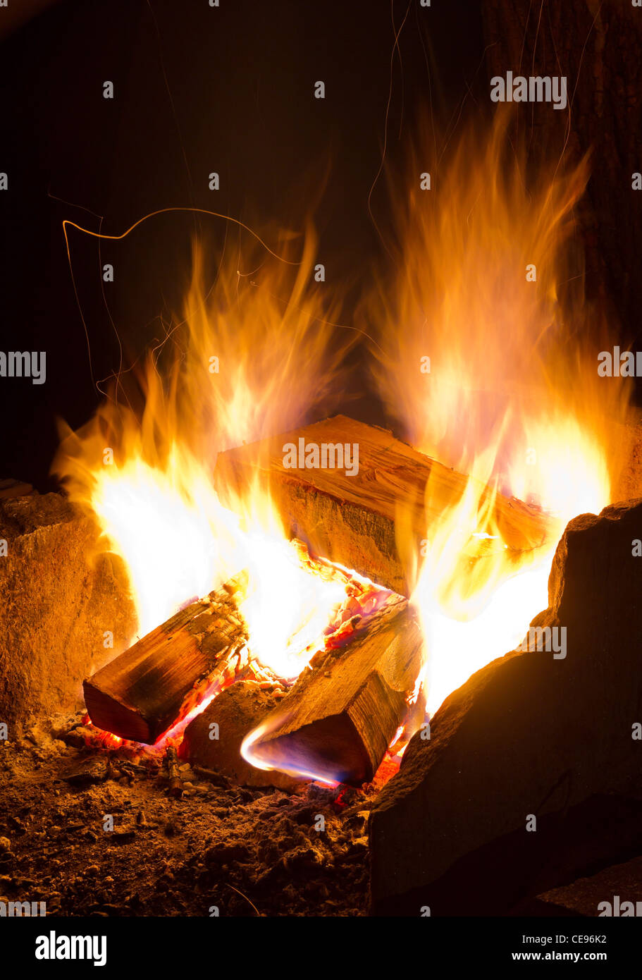 burning campfire flames at night Stock Photo