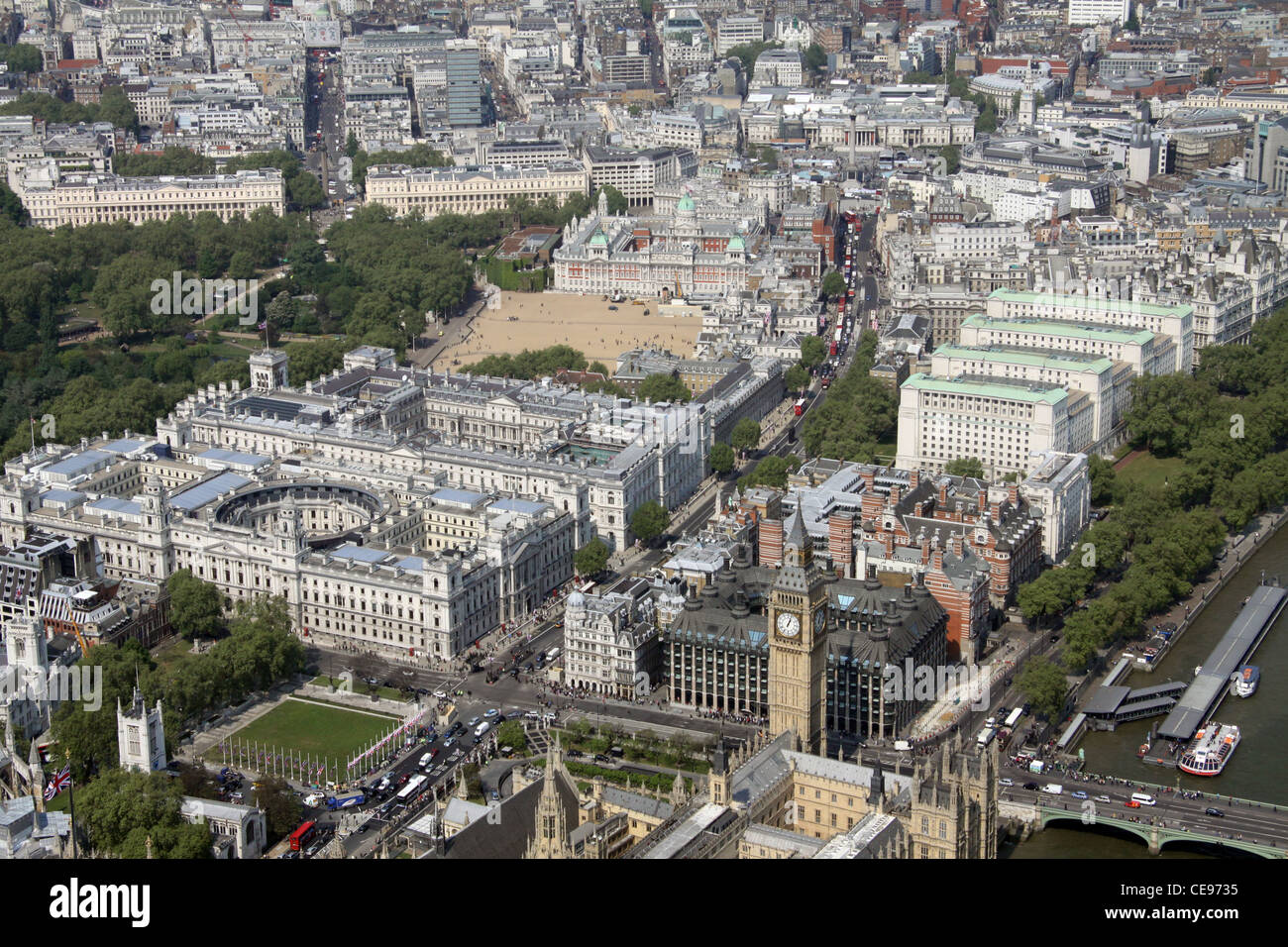 Aerial image of Big Ben looking up Whitehall, London SW1 Stock Photo