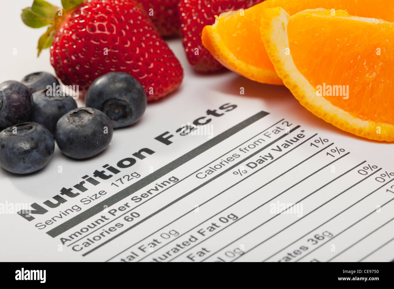 Fruits with nutrition label Stock Photo