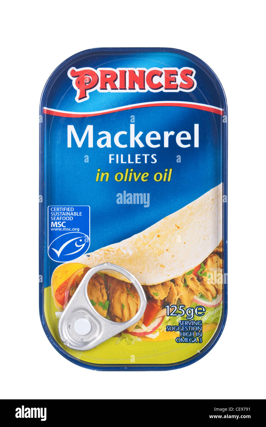 Can of Princes Mackerel Fillets in Olive Oil on White Stock Photo
