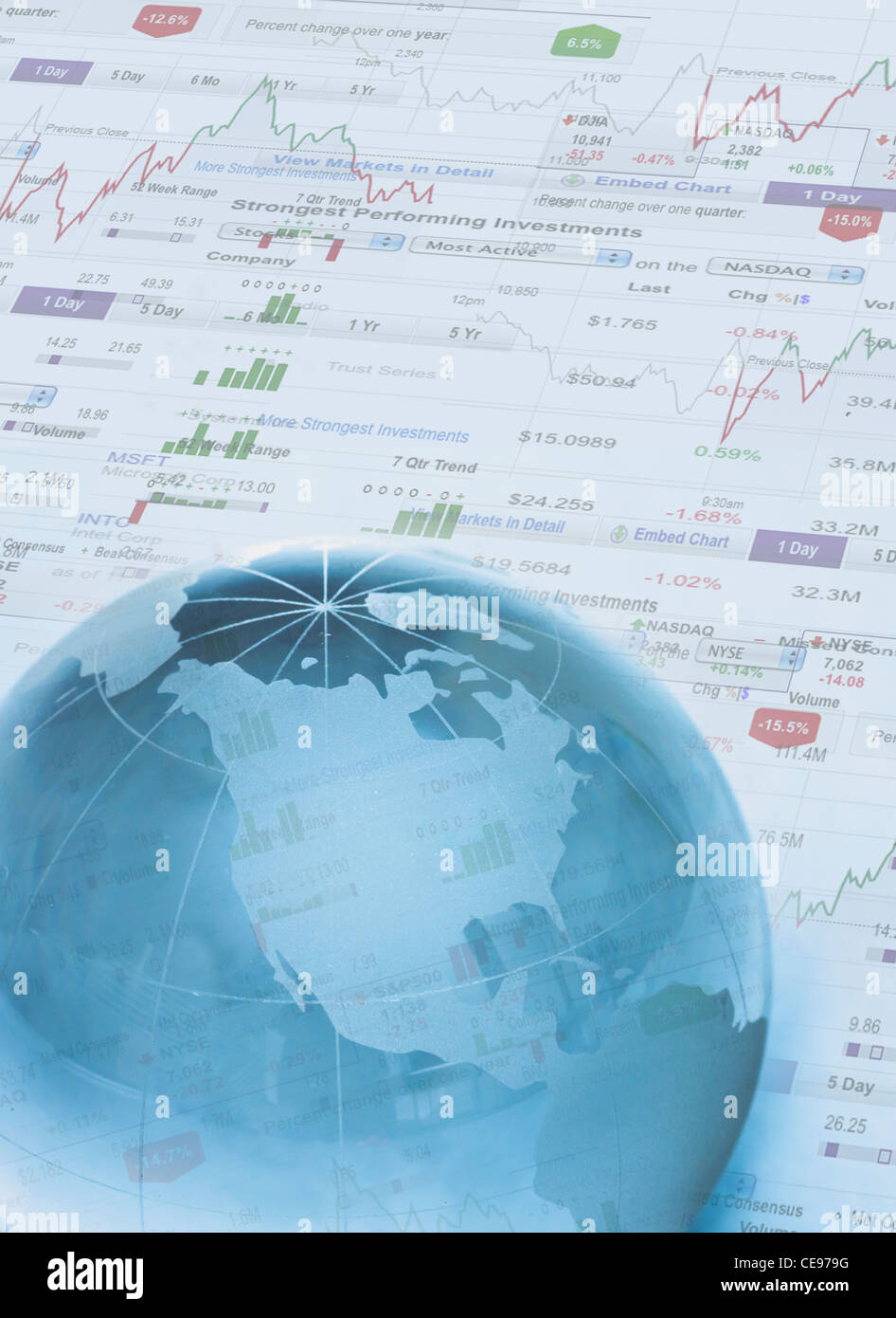 Studio shot of globe on financial pages Stock Photo