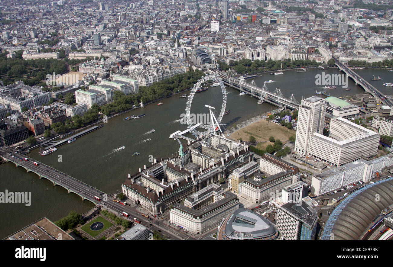 Aerial image of the lastminute.com London Eye ferris wheel on the South Bank of Thames , London SE1 Stock Photo
