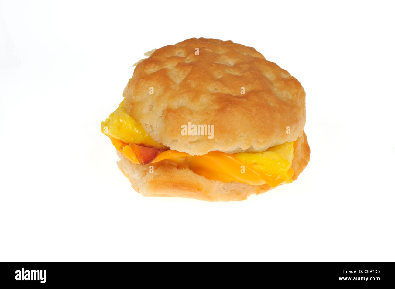 McDoanlds bacon egg and cheese biscuit sandwich on white background cut out. Stock Photo
