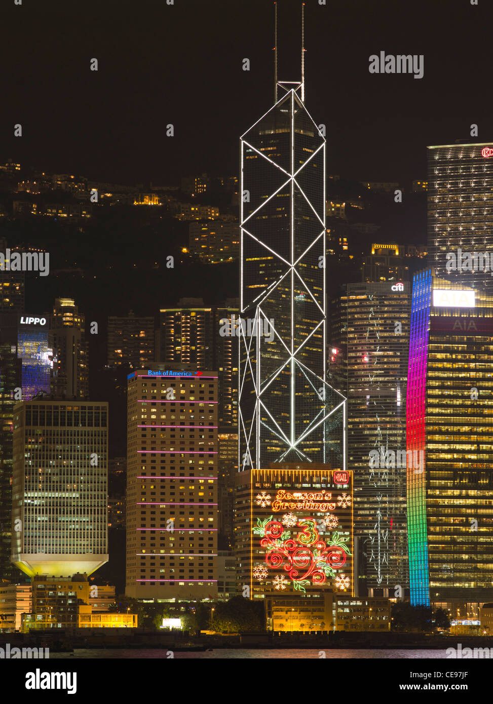 dh Bank of China Tower HONG KONG HARBOUR HONG KONG Buildings night Christmas lights building scene city Stock Photo