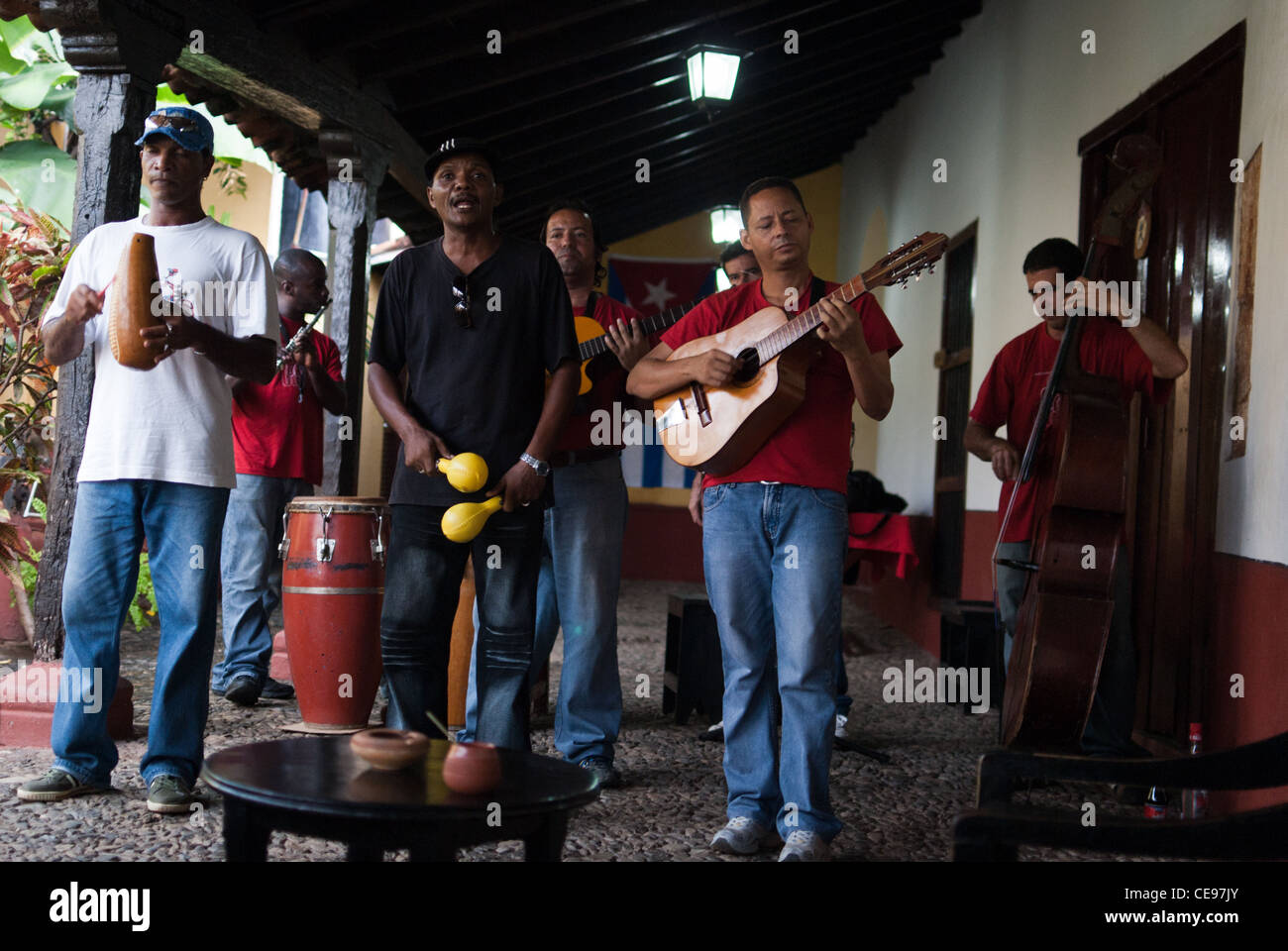 Band playing Cuban music in La Chanchara- colonial tavern in Trinidad, Cuba Stock Photo