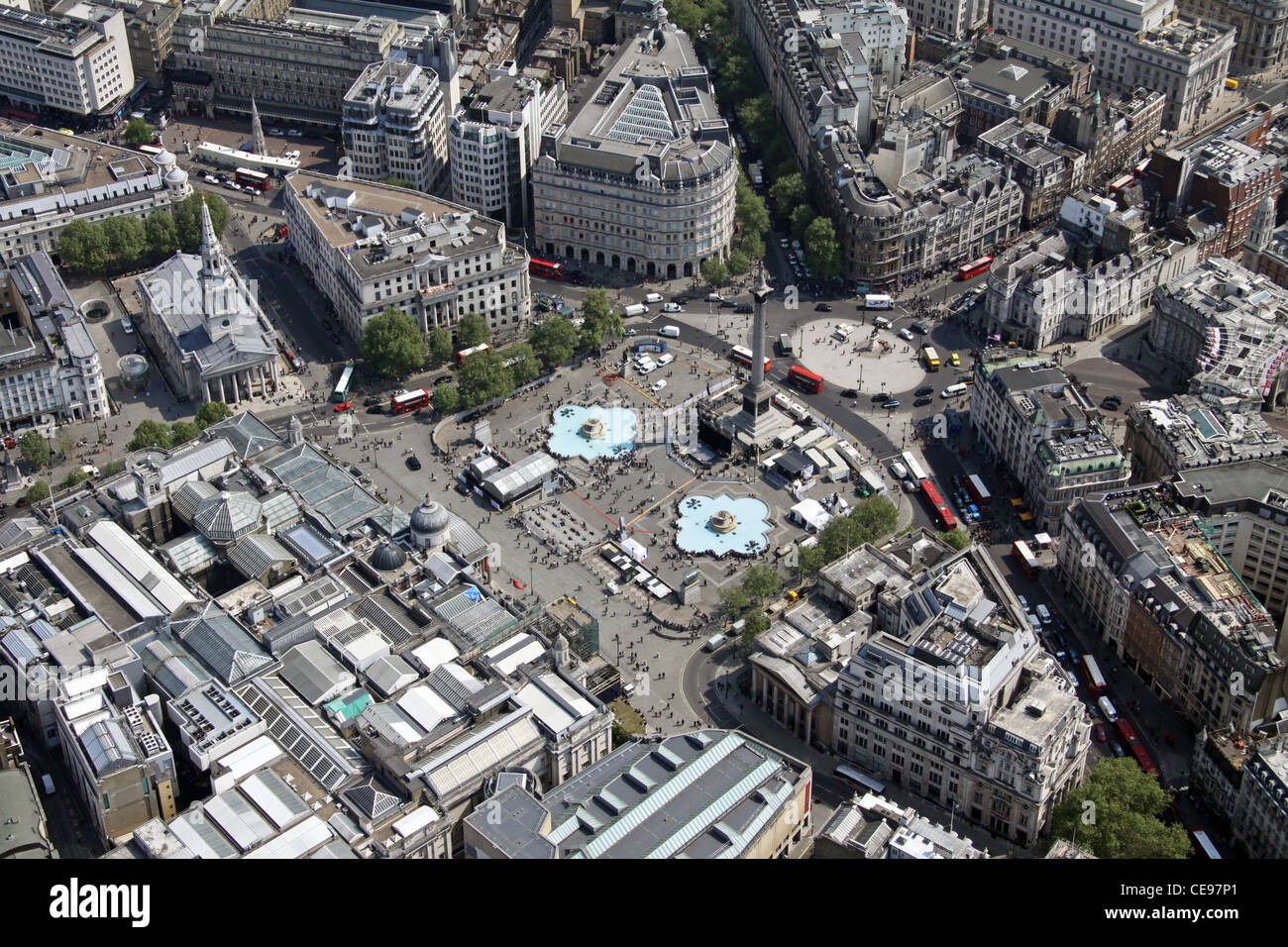 aerial view of Trafalgar Square & Nelson's Column with the National Gallery in the bottom left, London WC2 Stock Photo