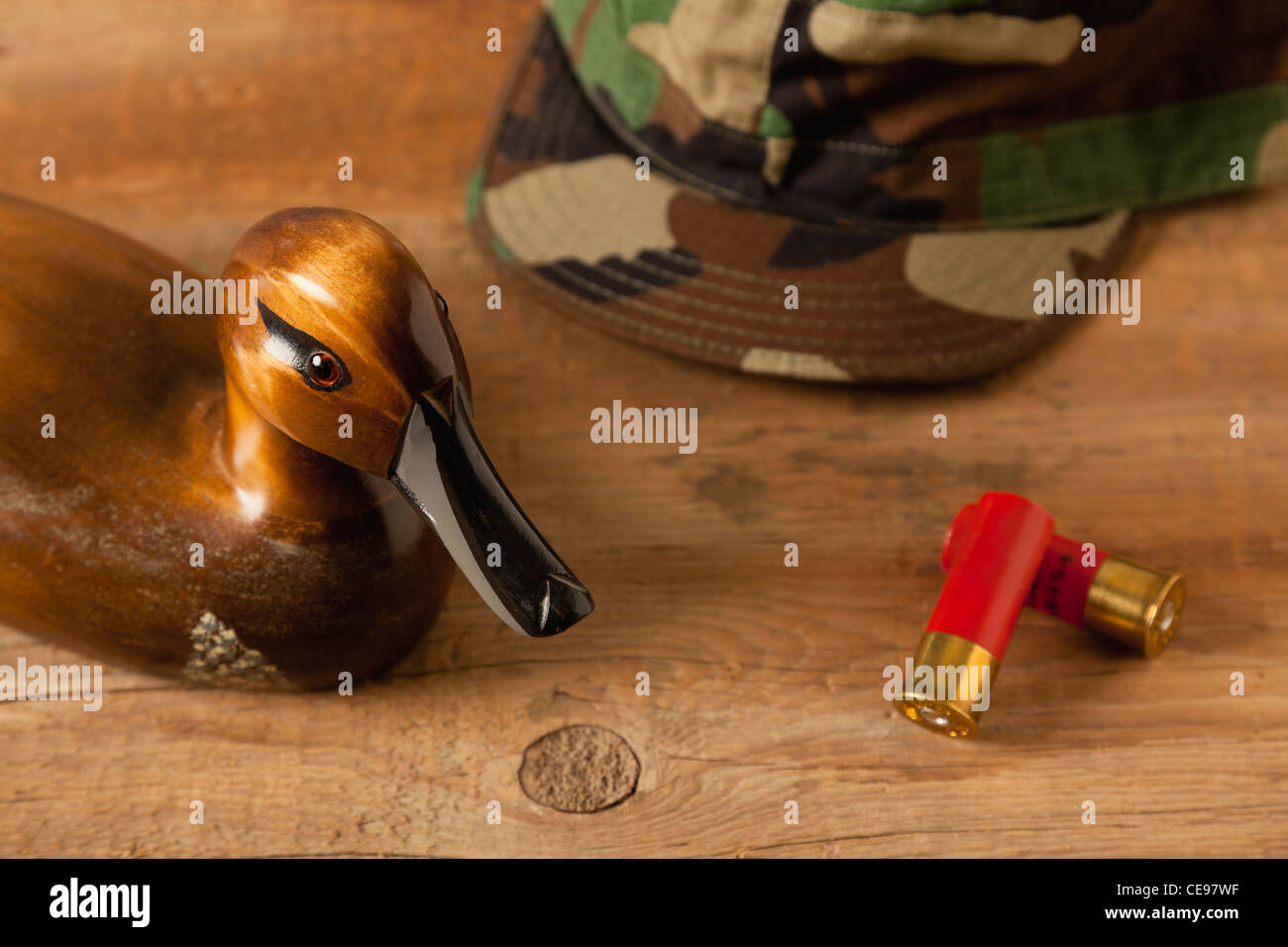 USA, Illinois, Metamora, Wooden duck and bullets on table Stock Photo
