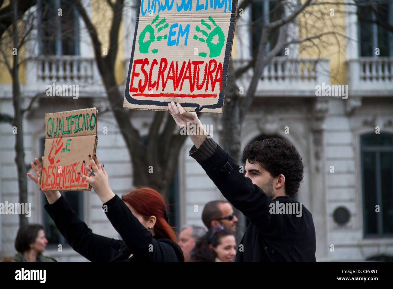 National Manifestation that took place in March 2011. Angry Portuguese stand up against unemployment in Portugal. Stock Photo