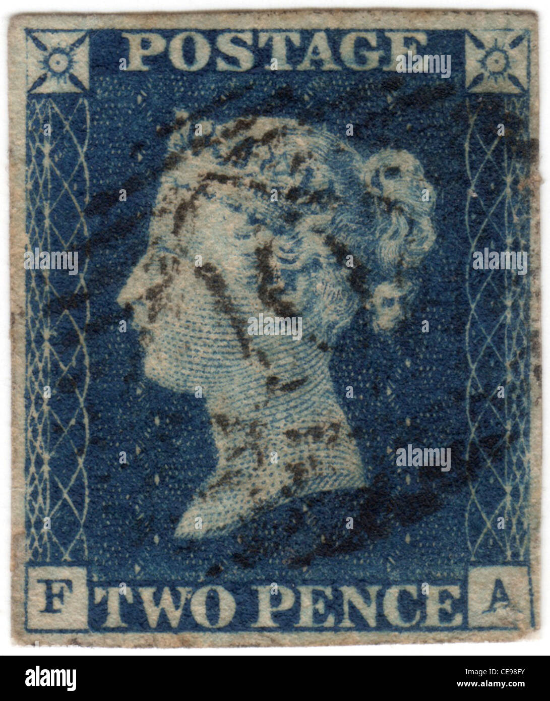 2d Blue postage stamp from 1840 Stock Photo