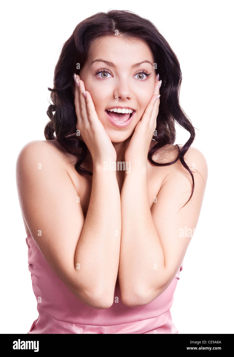 portrait of a surprised young woman, isolated against white background ...