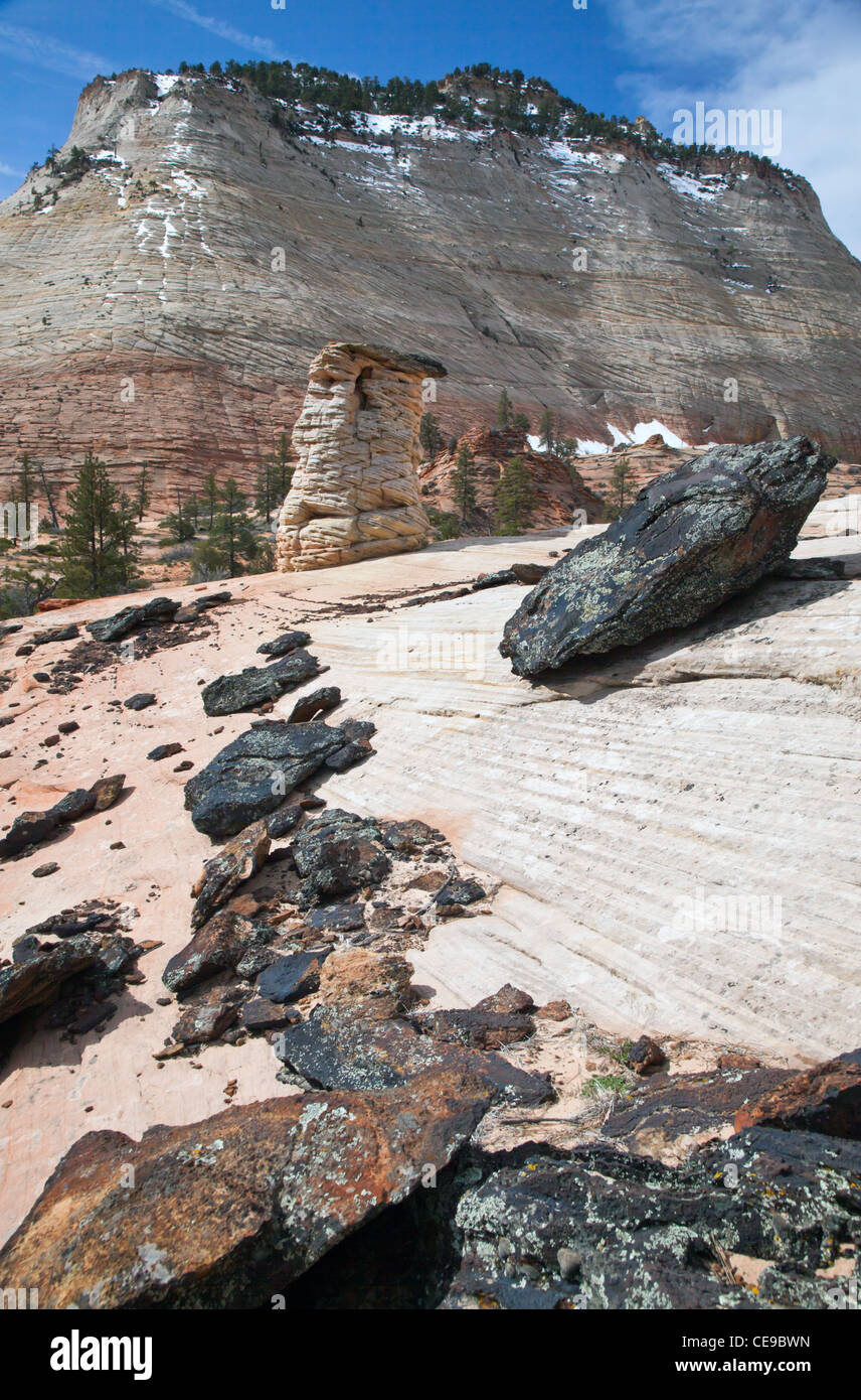 Rocks pointing to the 'Checkerboard' in Zion Stock Photo