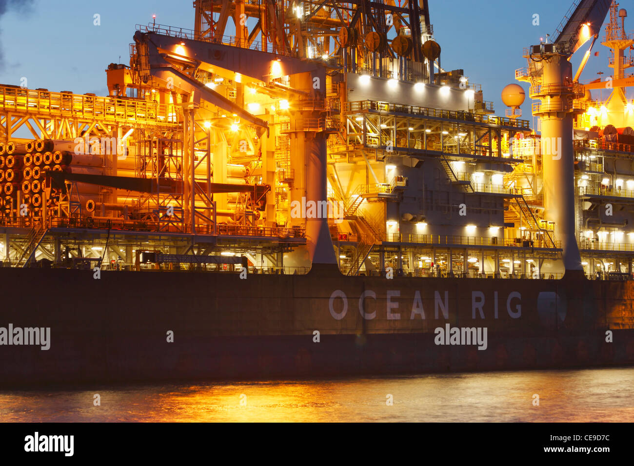 Ocean Rig Corcovado drillship, drill ship,drilling ship at night. Stock Photo