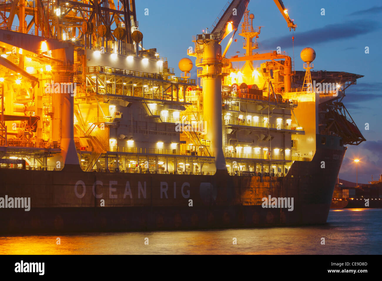 Ocean Rig Corcovado drillship, drill ship,drilling ship at night. Stock Photo