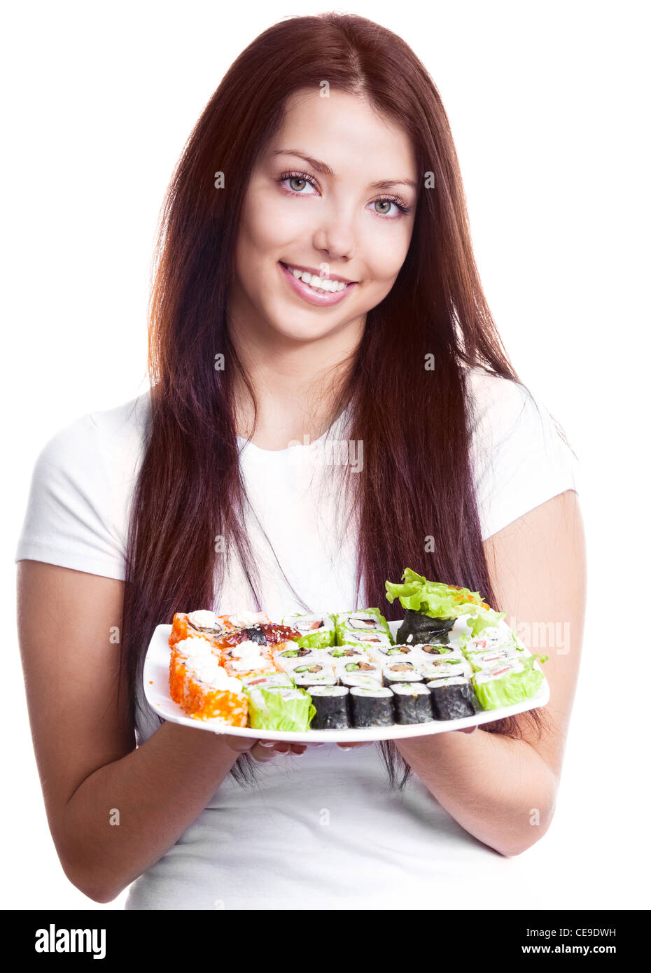 beautiful young woman holding a plate with sushi, isolated against white background Stock Photo
