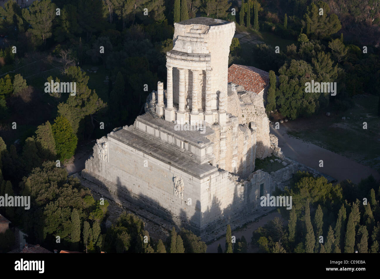 AERIAL VIEW. Trophy of Augustus, roman monument built circa 6 BC. La Turbie, French Riviera, France. Stock Photo