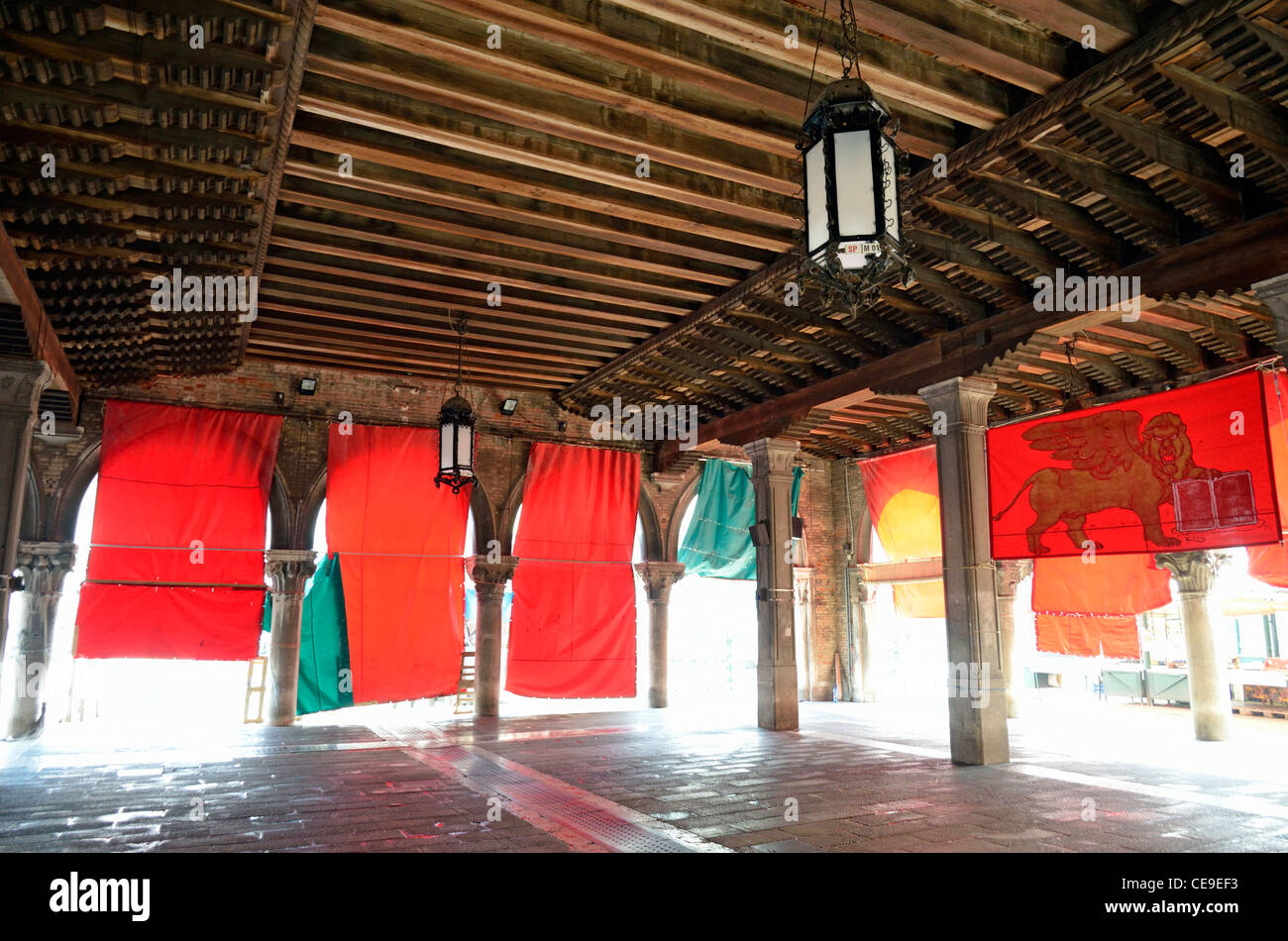 Empty Rialto market on a day off, Venice, Italy Stock Photo