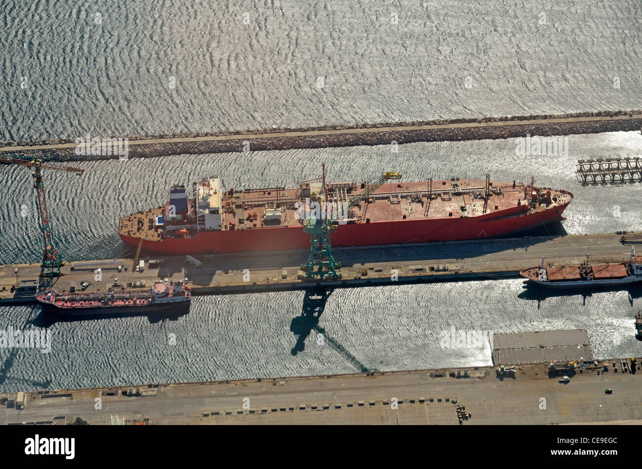 LNG (Liquefied natural gas) tanker at harbour, aerial view, Marseille, France Stock Photo