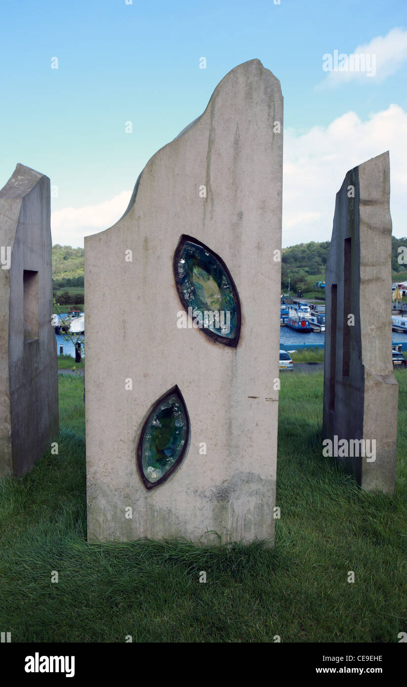 Sandstone Monoliths with hand made glass at Auchinstarry Marina near Croy in East Dunbartonshire in Scotland Stock Photo
