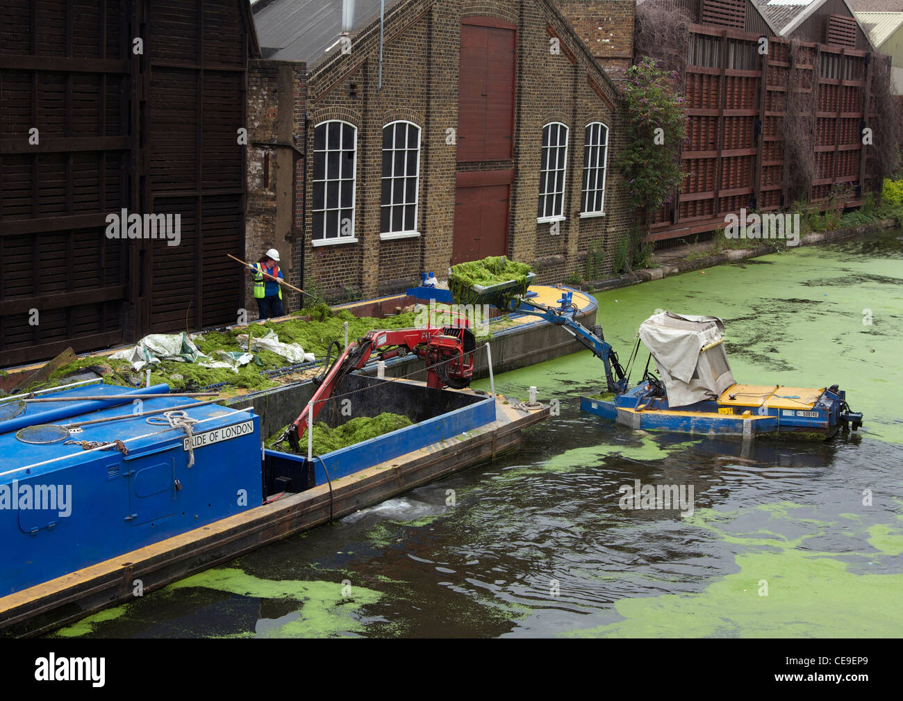 Little boat with scooper for cleaning the green algae from the Grand