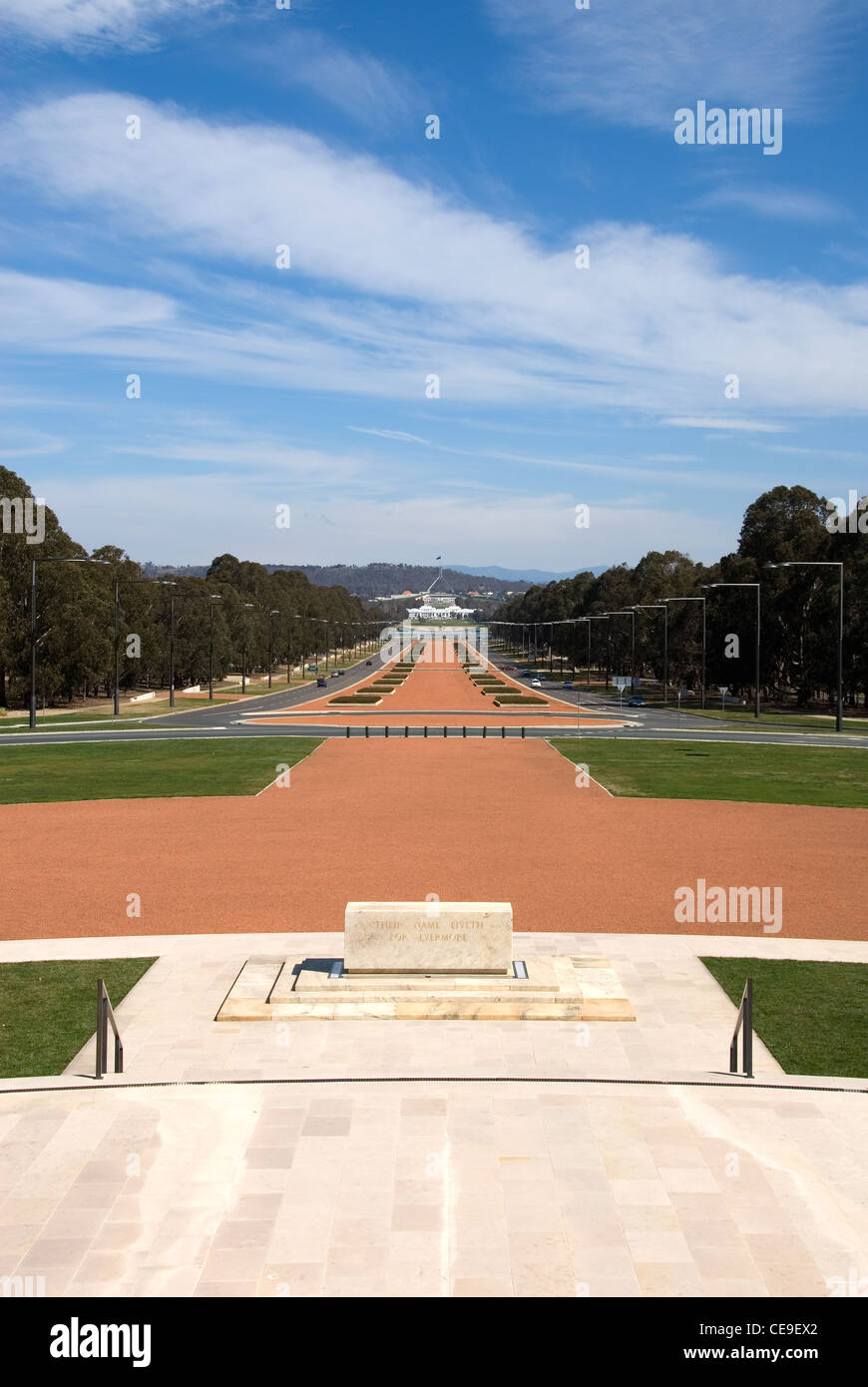 A view of Old Parliament House and New Parliament House, captured from the front of the National War Memorial Stock Photo