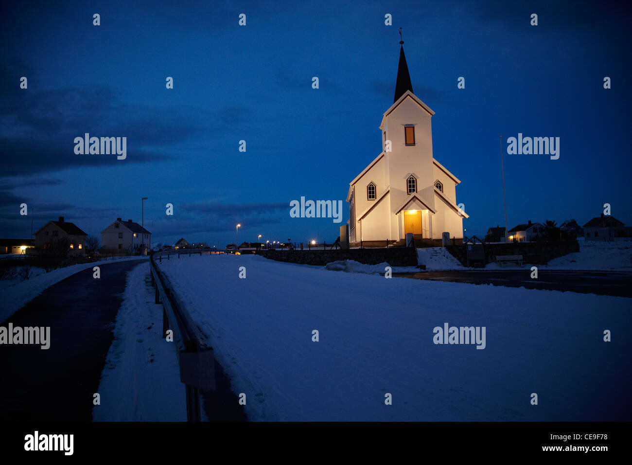 Illuminated church on the island of Røst, Norway Stock Photo - Alamy