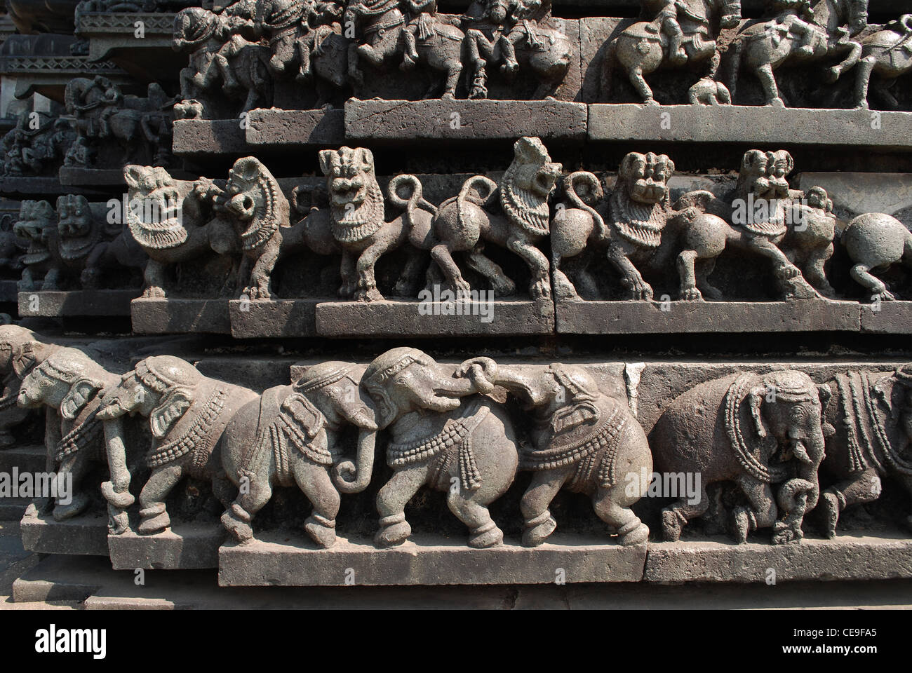 finely carved stone sculptures on the wall of chennakeshava temple,belur,karnataka,india Stock Photo