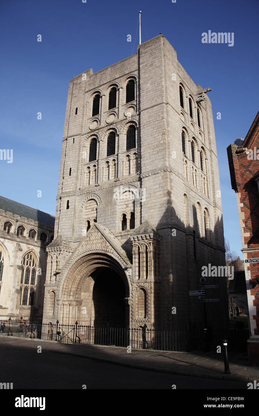 The 12th century Norman Tower, gateway to the Abbey, built by Anselm, Bury St Edmunds, Suffolk, England Stock Photo