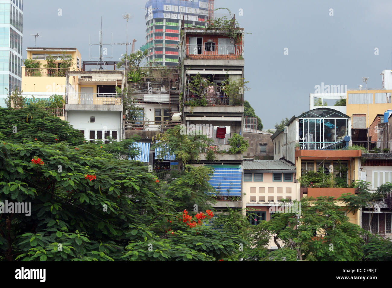 Houses in downtown Ho Chi Minh City, Vietnam Stock Photo