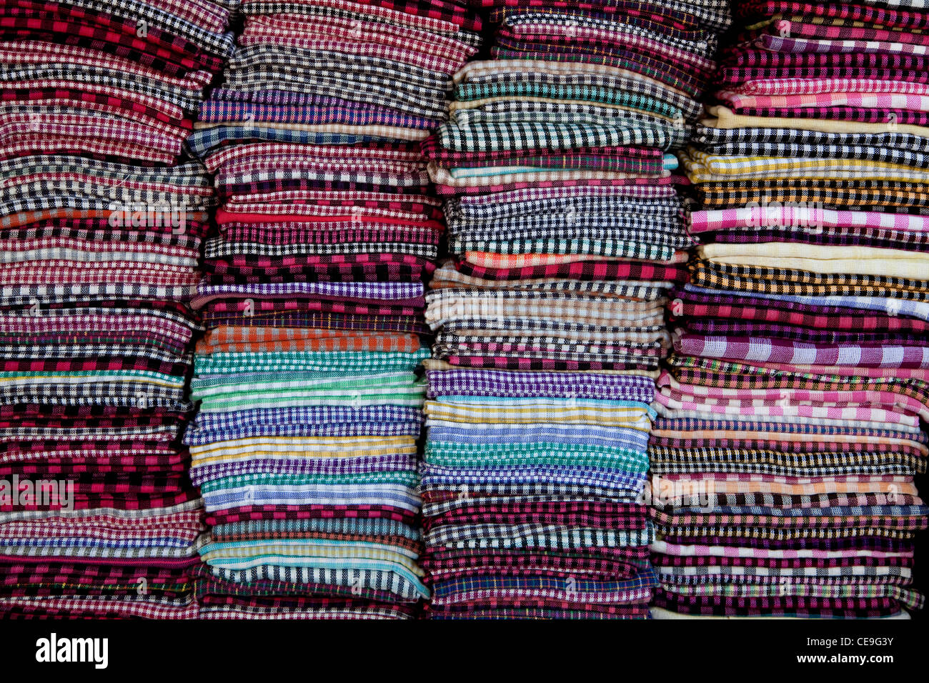 Traditional Cambodian scarf (krama) for sale in a shop at the Russian market, Phnom Penh, Cambodia, Asia Stock Photo