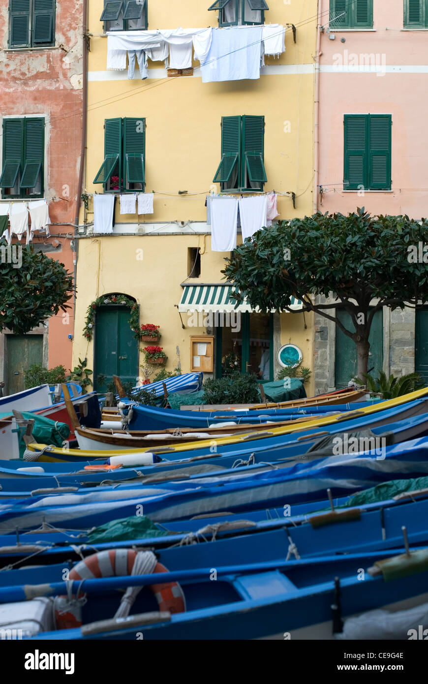 Clothes and linen hung out to dry, in the quaint fishing village of