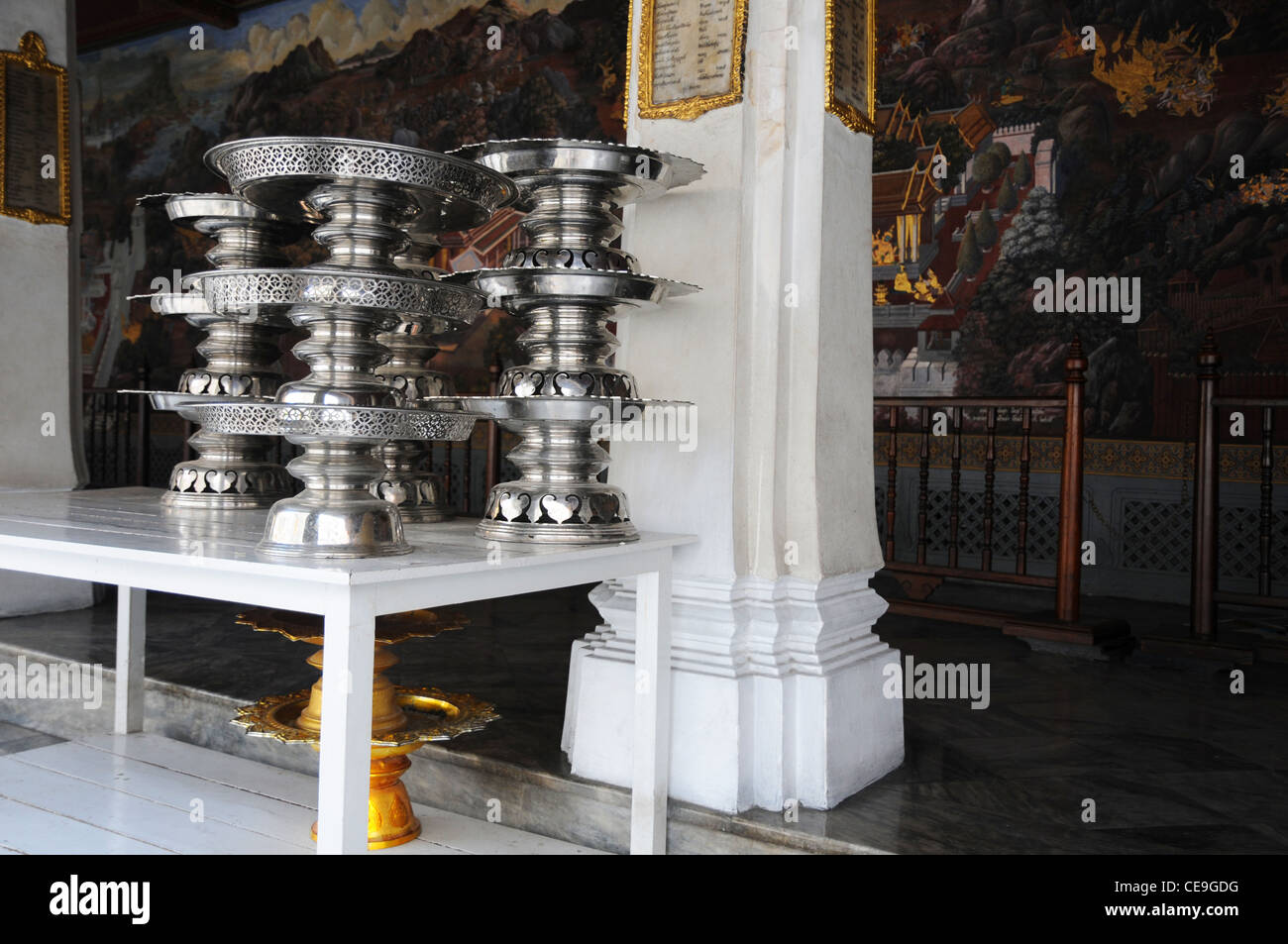 Silver dishes stacked at Hor Kanthararasdr, Grand Palace, Bangkok, Thailand Stock Photo