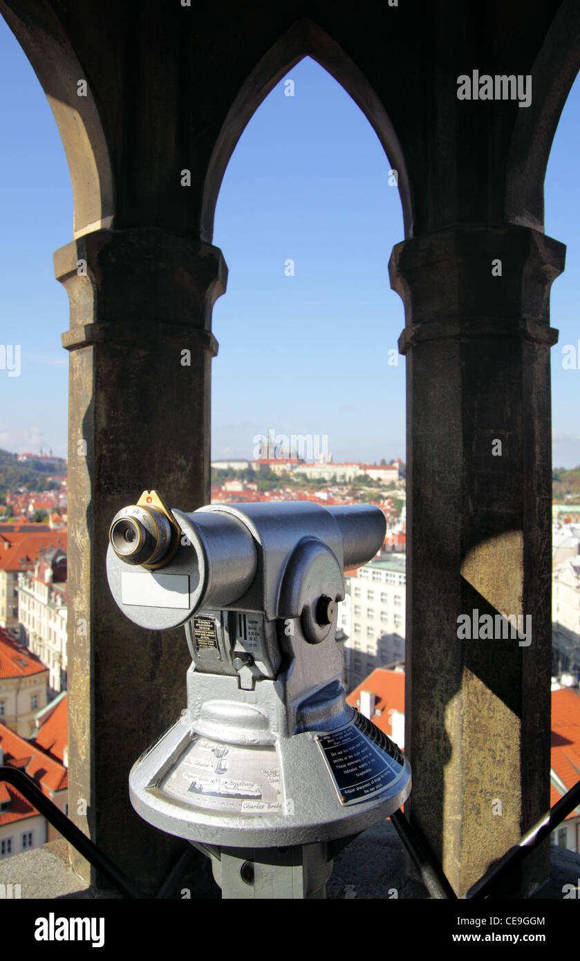 Coin operated spyglass on the City hall tower, Prague, Chech republic Stock Photo