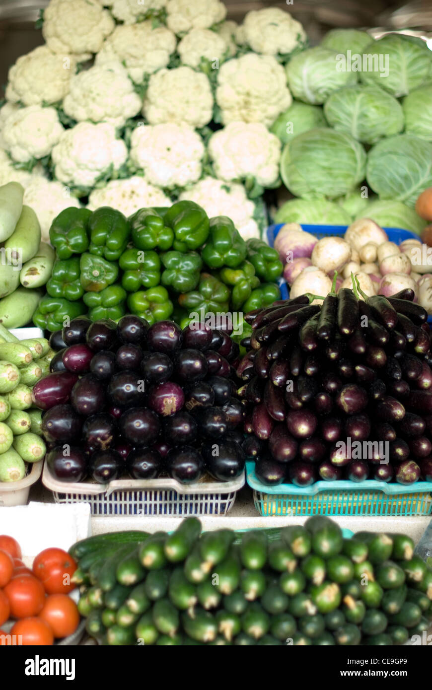 Stacked vegetables in a market display in Dubai, United Arab Emirates
