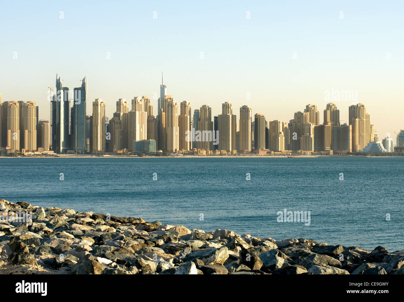 A view of tall buildings on the mainland, captured from The Palm, Dubai, United Arab Emirates (UAE) Stock Photo