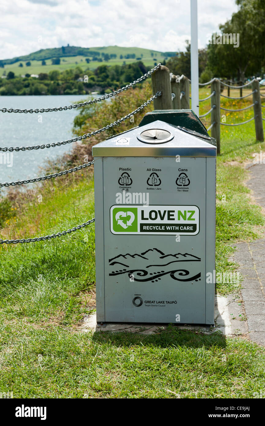 Recycling bin with the slogan 'Love NZ (New Zealand) Recycle with Care