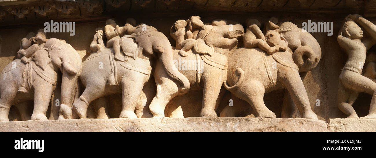 Elephant sculptures on base of Lakshmana Temple at Khajuraho in India, Asia Stock Photo