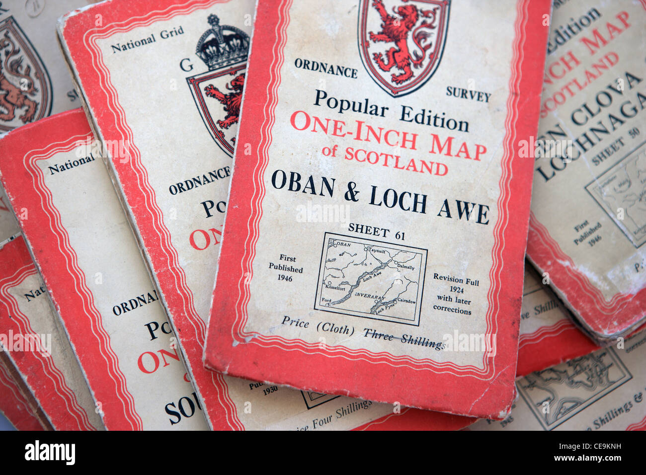 Old cloth Ordnance Survey one inch maps Stock Photo