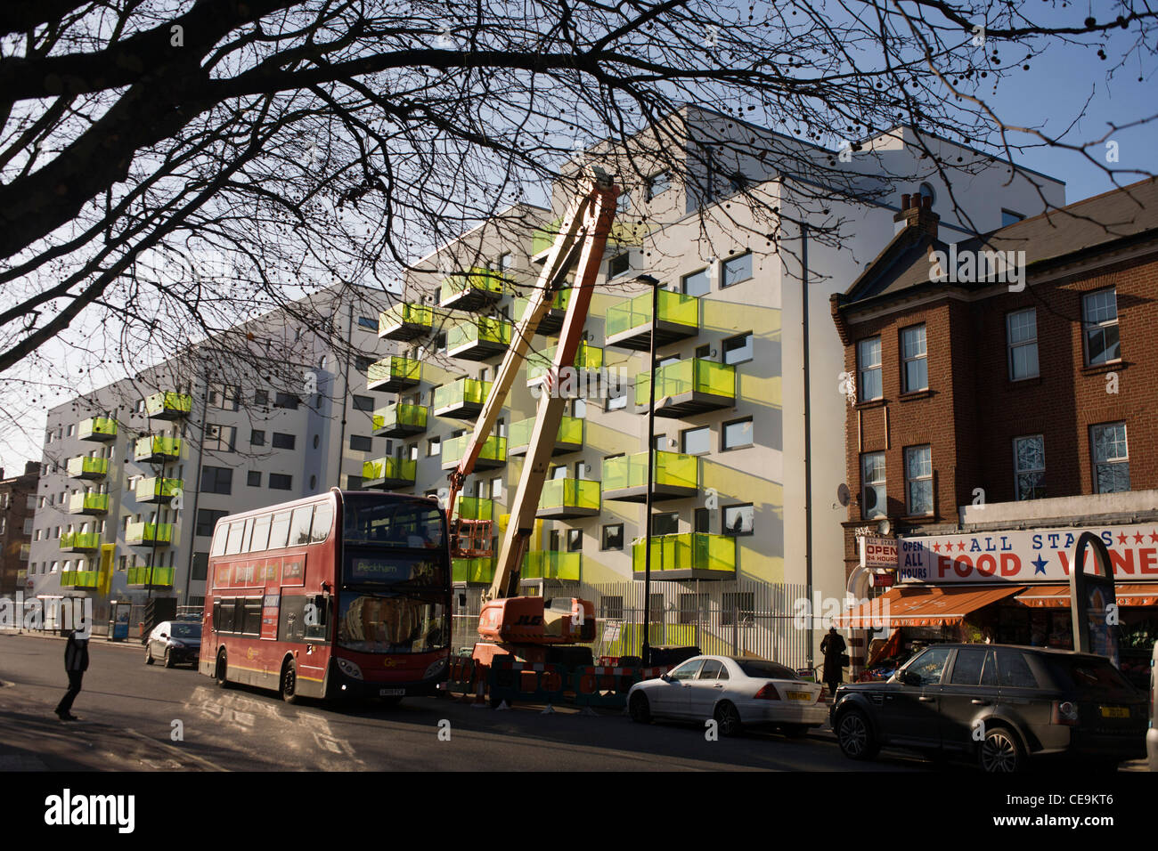 New apartments and crane in a block developed by Skanska in Coldharbour