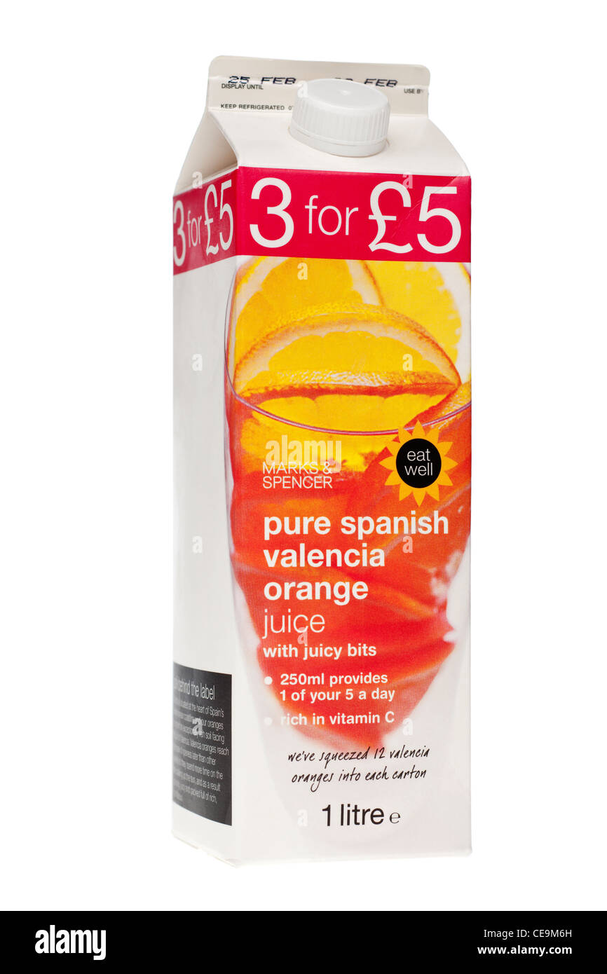 Marks & Spencer pure Spanish Valencia orange juice with juicy bits Stock  Photo - Alamy