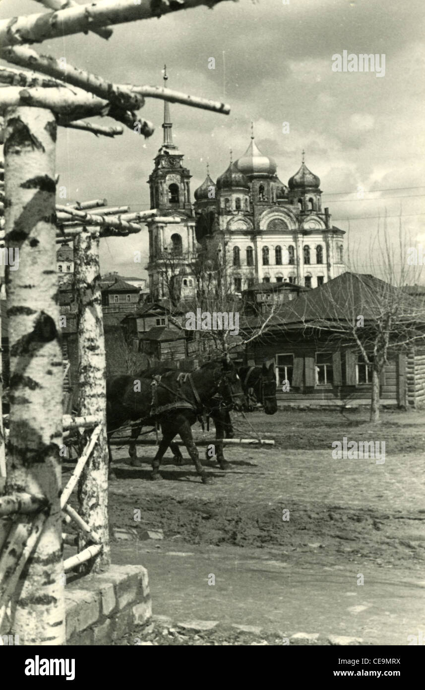 Russian Orthodox church in Nazi German controlled village during WWII Stock Photo