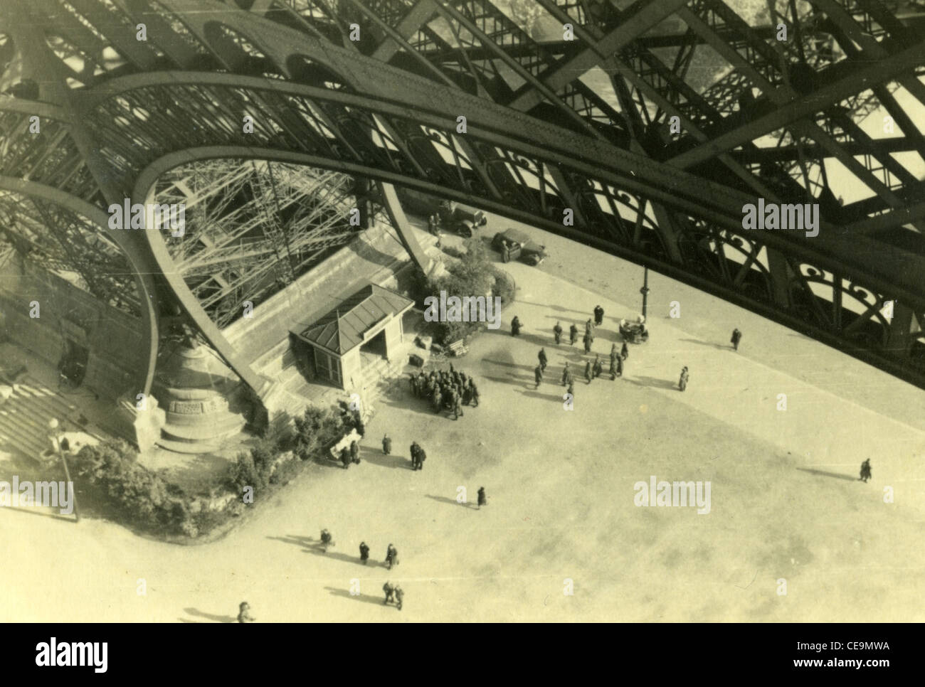 Nazi German Soldiers seen from the Eiffel Tower in Paris, France during Nazi occupation. WWII french travel Stock Photo