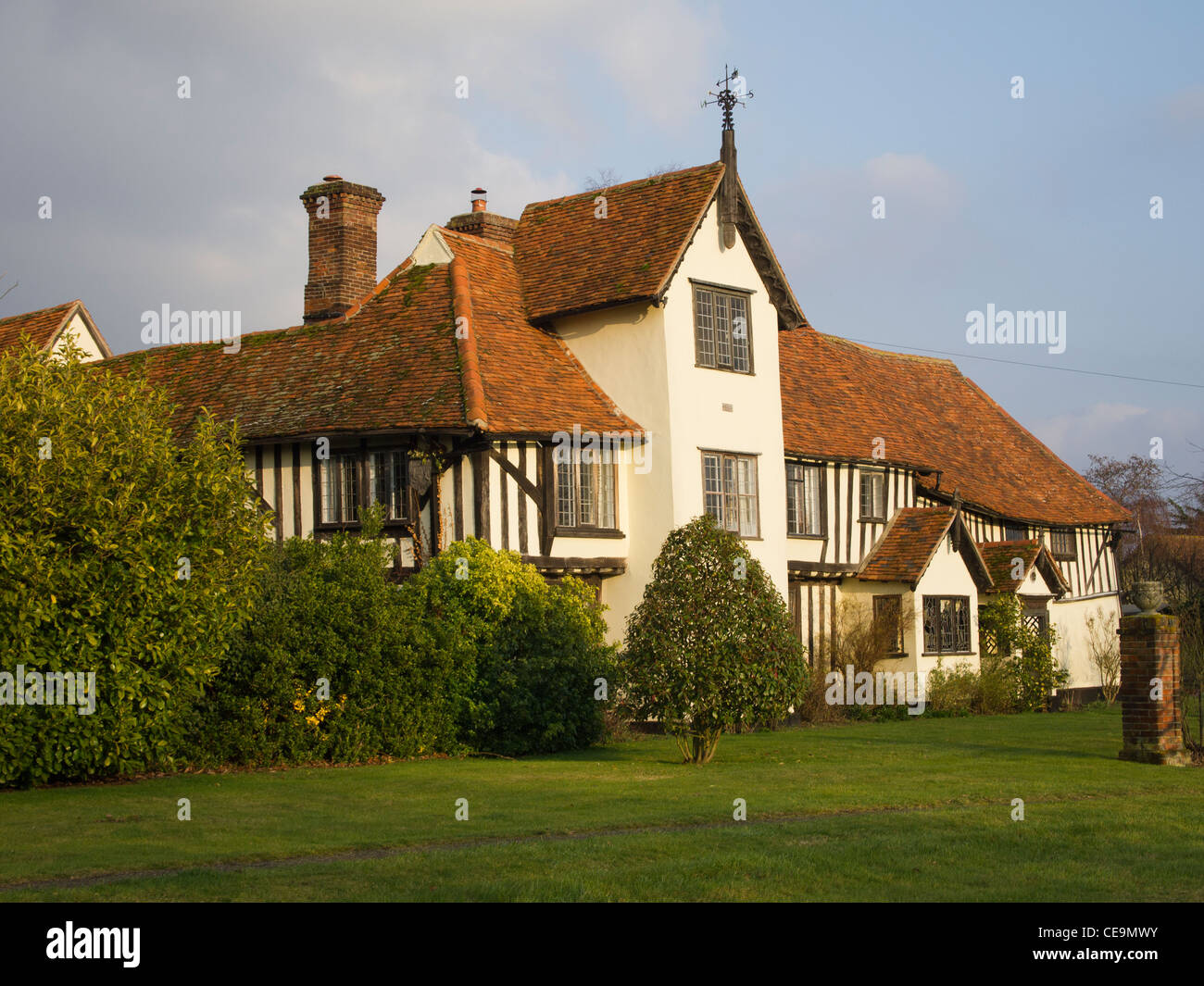 The exterior of a large and very old house in Newton, Suffolk, England