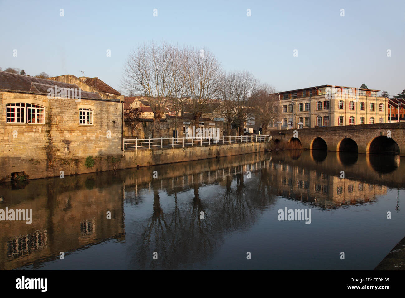 Reflections on the town bridge and buildings in the River Avon, Bradford on Avon, Wiltshire, England, UK Stock Photo
