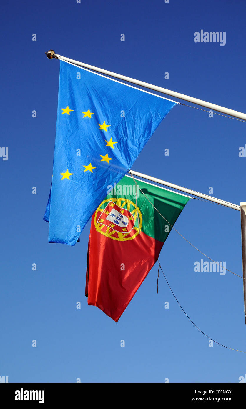 Close up of Portuguese and European Union flags Stock Photo