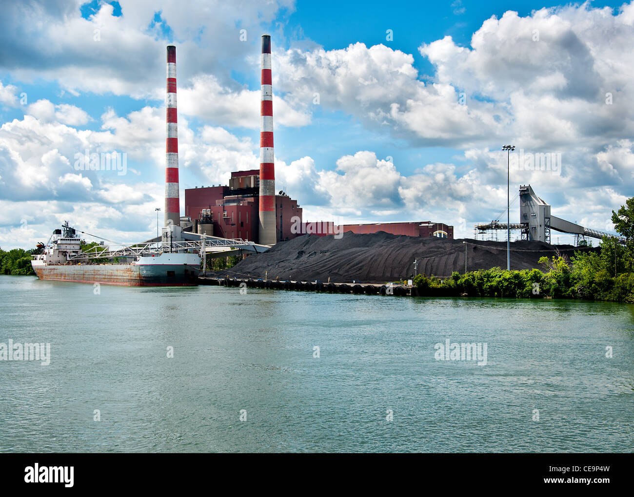 Coal fired power plant on Detroit River Stock Photo